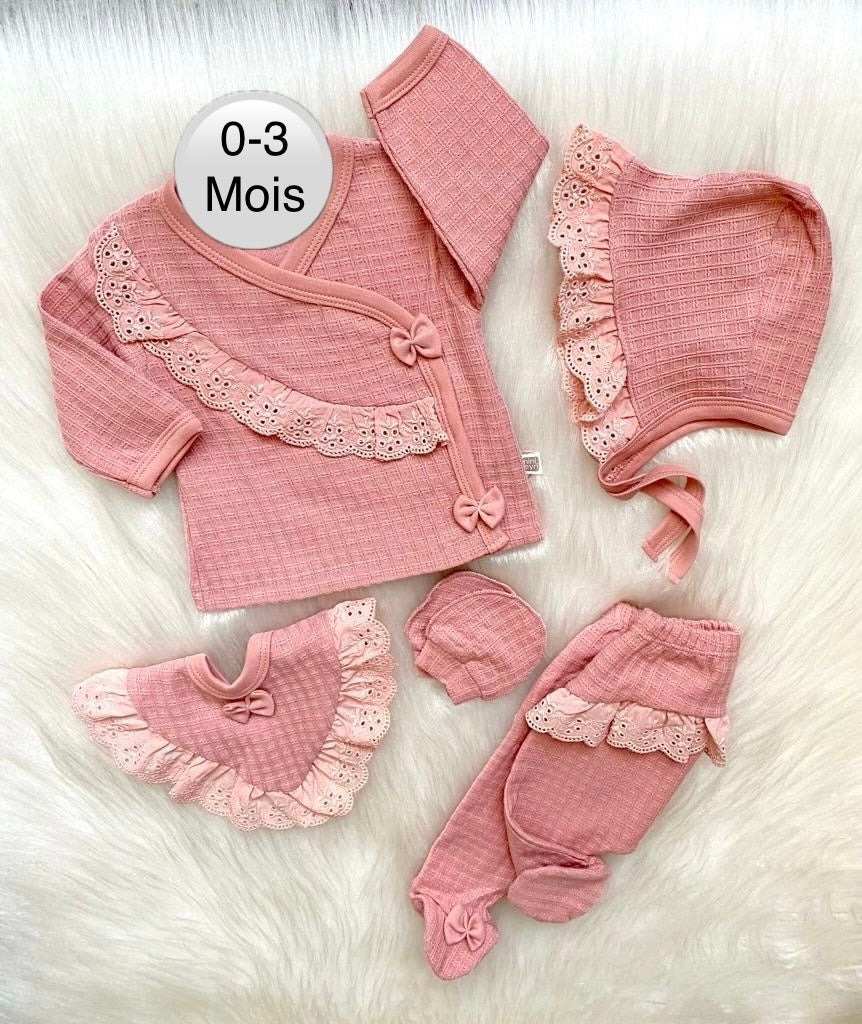 Ensemble naissance fille 5 pièces – Coton bio premium rose – 0 à 3 mois