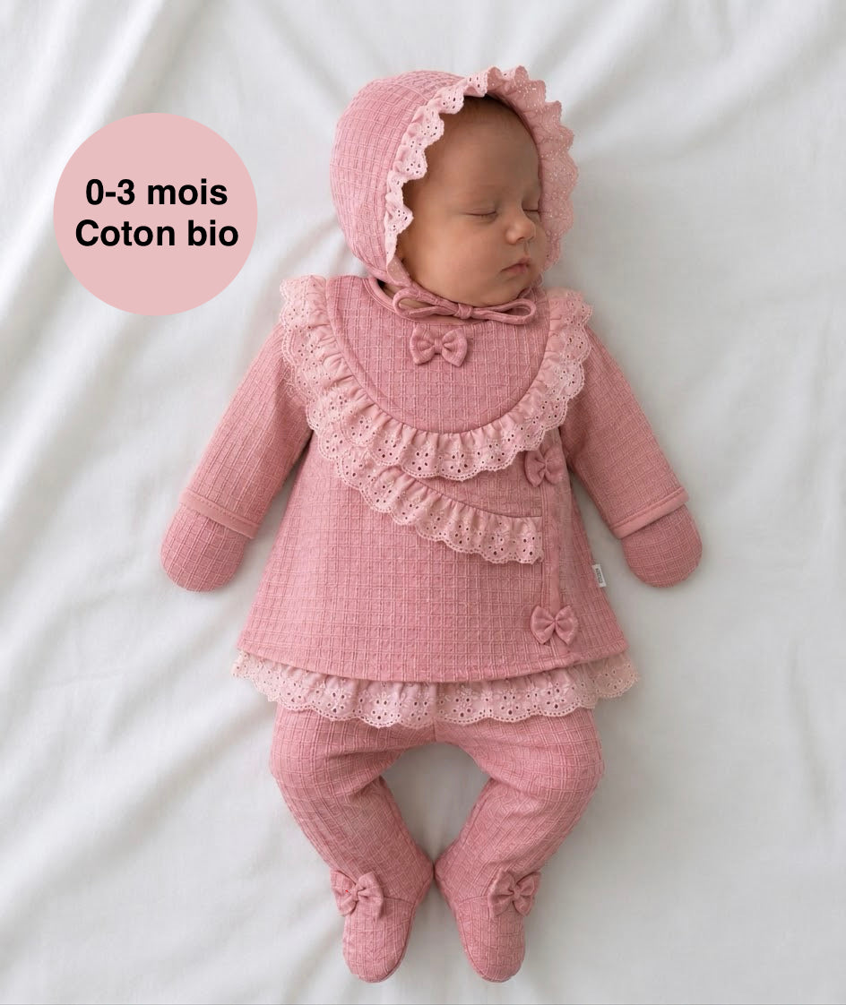 Ensemble naissance fille 5 pièces – Coton bio premium rose – 0 à 3 mois