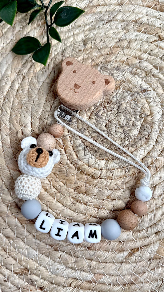Attache-tétine bébé avec clip ourson en bois, perles naturelles