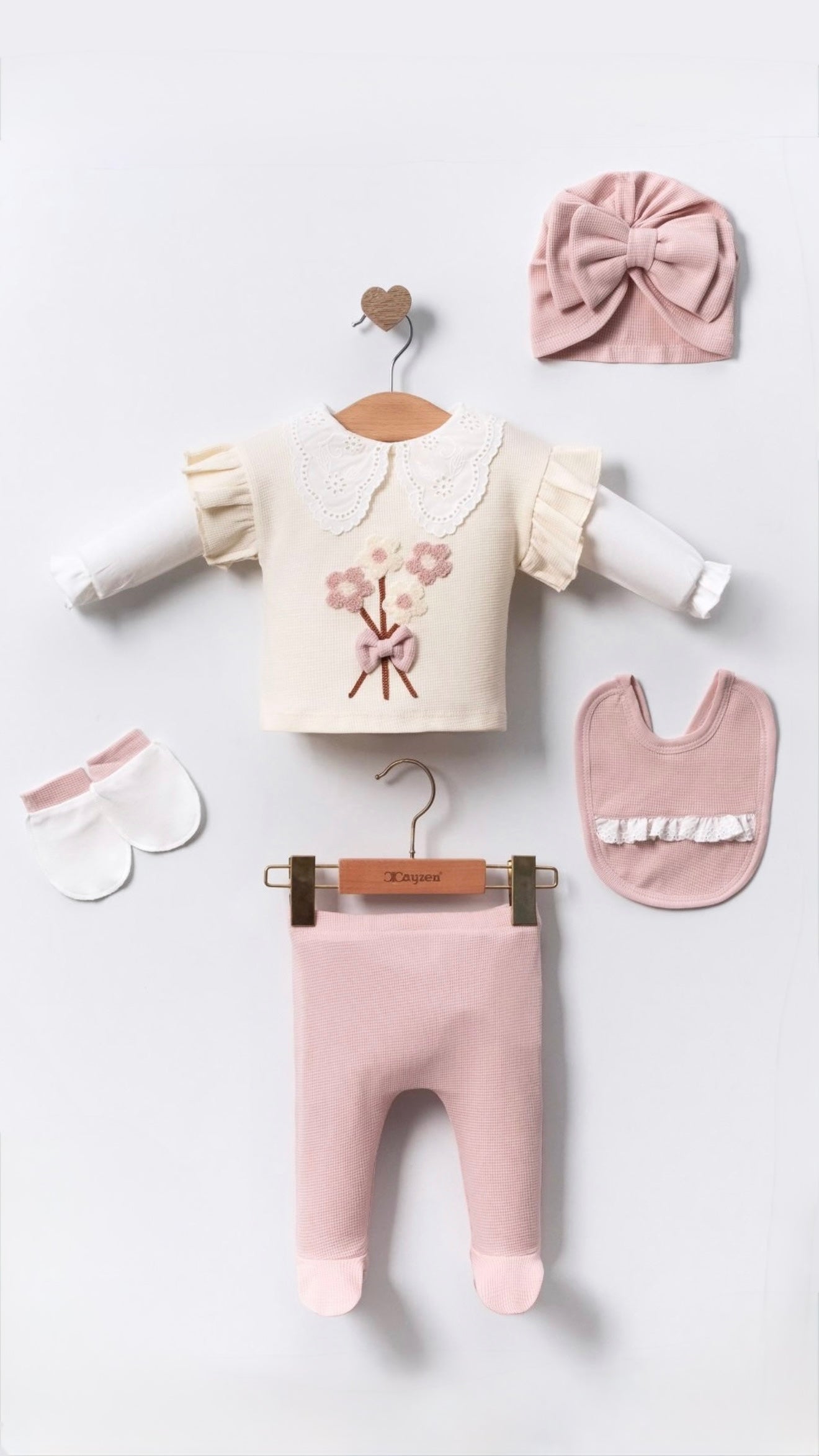Ensemble naissance fille 5 pièces en coton bio rose poudré et crème, fabriqué en Turquie avec amour – YOZY Store