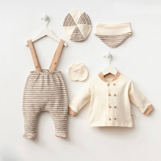 [Premium] Ensemble naissance garçon 100% coton bio couleur crème/bleu – Haut, pantalon, casquette, gants et bavoir – 0-3 mois