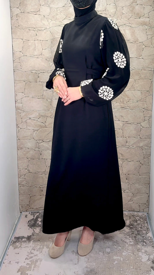 [Premium] robe manche ballon - broderie flocon - noir pur