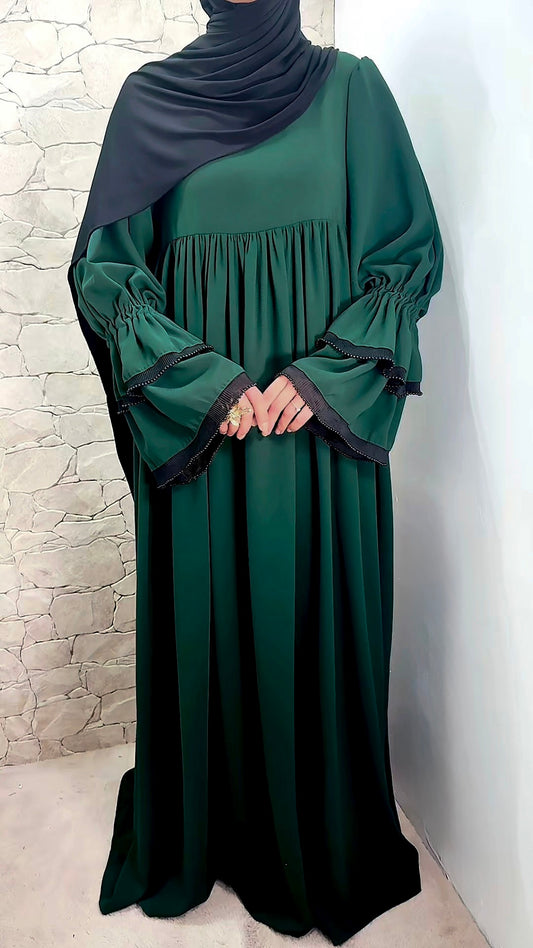 [Haut de gamme] Abaya manches fleur perlées - vert émeraude