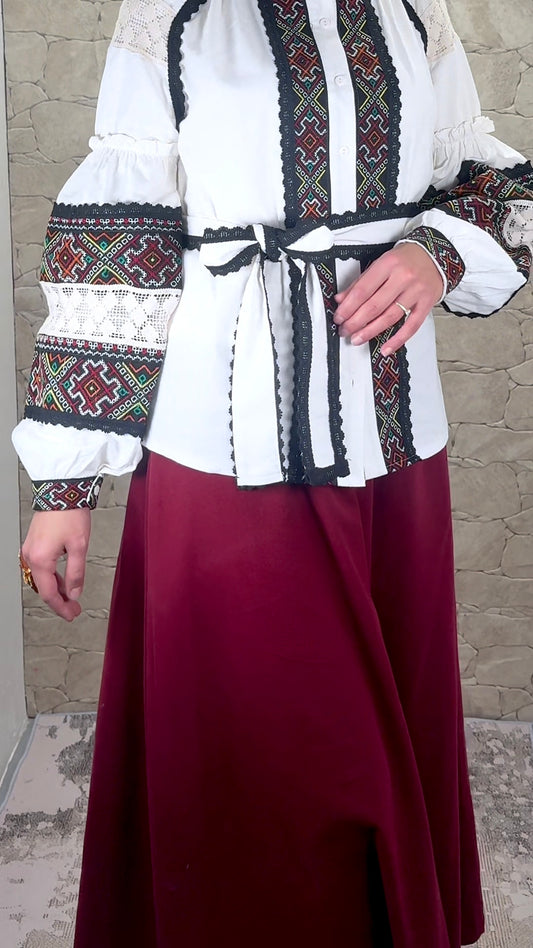 [Premium] Chemise + ceinture brodées - manche ballon - blanc