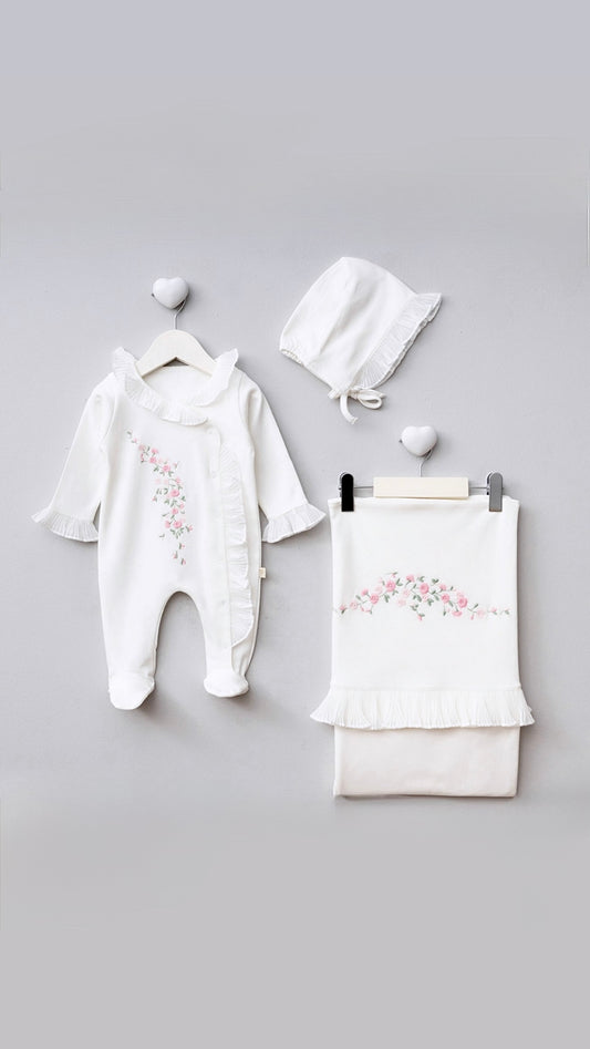 [Gamme Premium] Couverture + Ensemble bébé fille - 3 pièces – blanc, coton bio (0-3 mois)