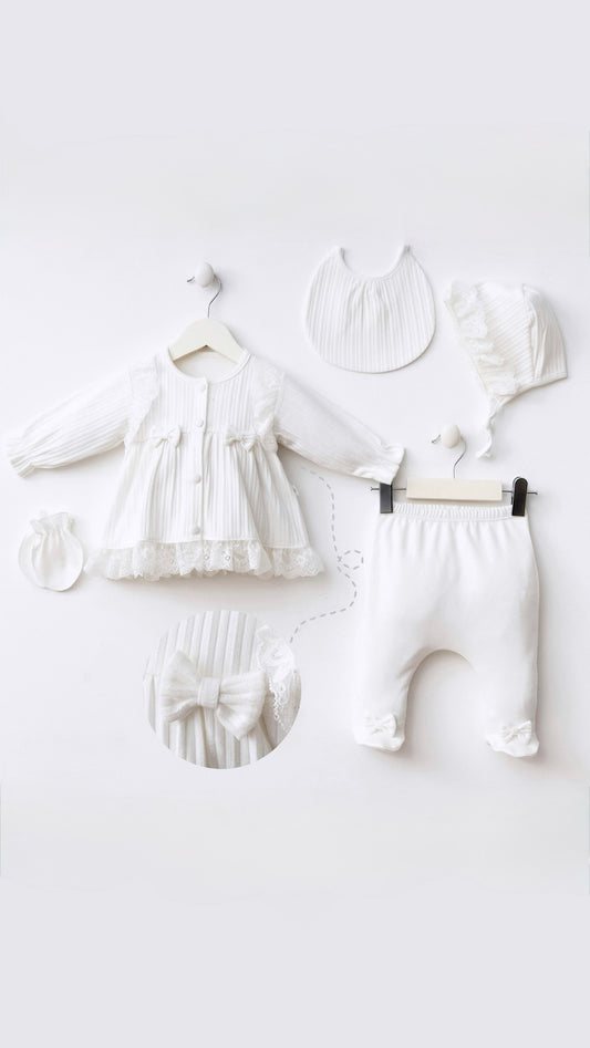 [Gamme Premium] Ensemble bébé fille 5 pièces – Blanc coton bio (0-3 mois)