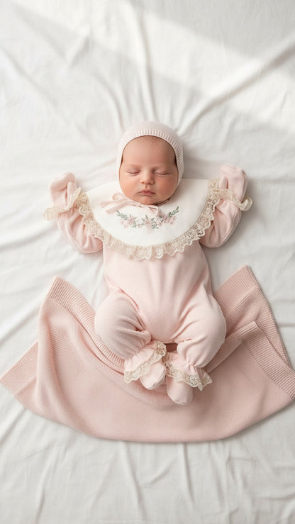 [Gamme Premium] Ensemble naissance bébé fille 5 pièces – Coton bio, tricot et velours beige (0-3 mois)- crème ou rose