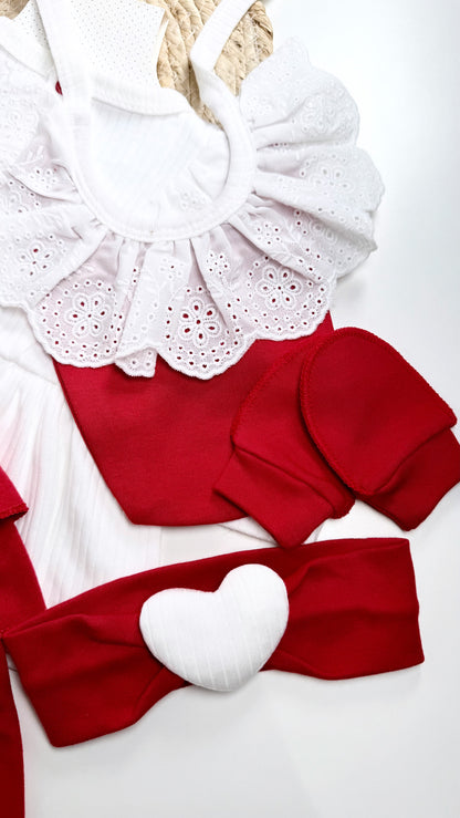 [Gamme Premium] Ensemble bébé fille 5 pièces – Blanc et rouge coton bio (0-3 mois)