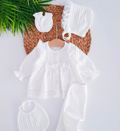[Gamme Premium] Ensemble bébé fille 5 pièces – Blanc coton bio (0-3 mois)