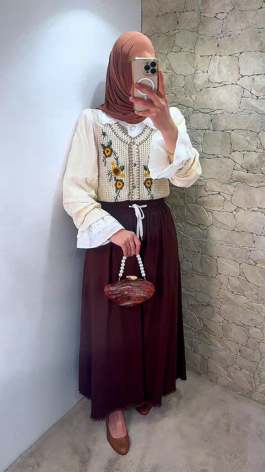 [Premium] chemise crème - manche ballon/fleur - brodée