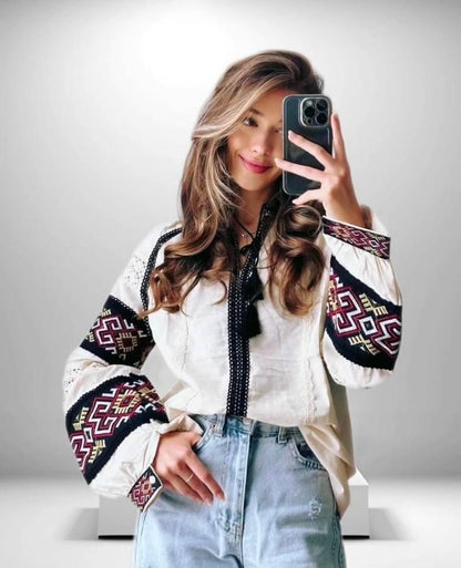 [Premium] Blouse brodée - manche ballon - crème