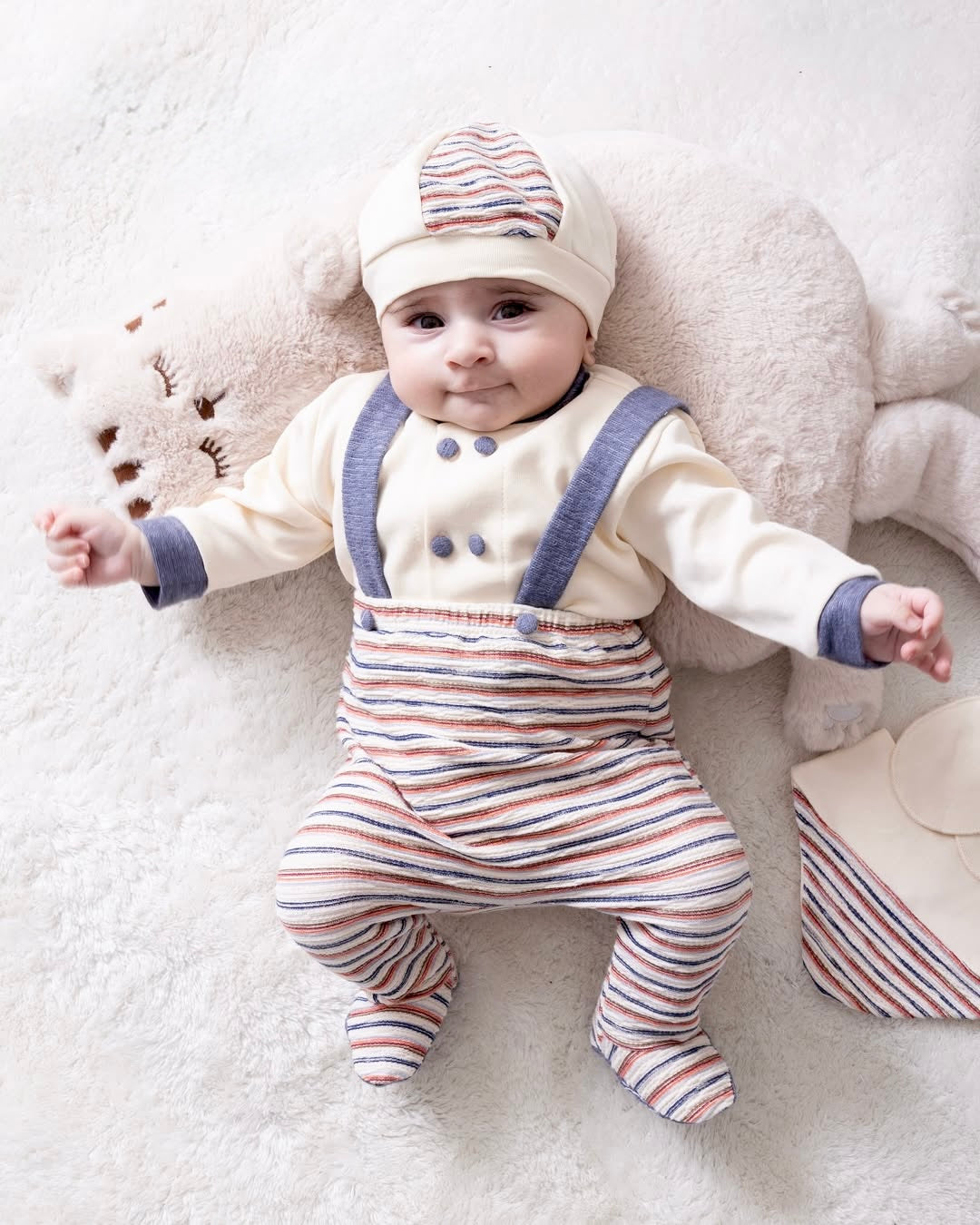 [Premium] Ensemble naissance garçon 100% coton bio couleur crème/bleu – Haut, pantalon, casquette, gants et bavoir – 0-3 mois