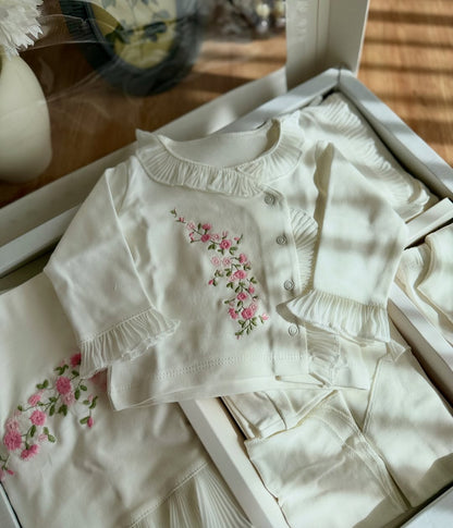 [Gamme Premium] Ensemble bébé fille 5 pièces – Blanc, coton bio (0-3 mois) ou (3-6 mois)