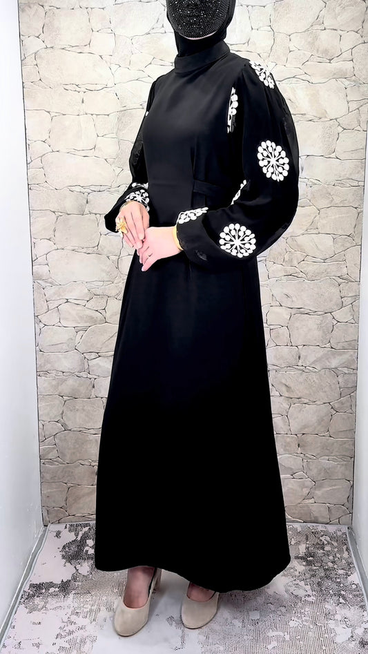[Premium] robe manche ballon - broderie flocon - noir pur