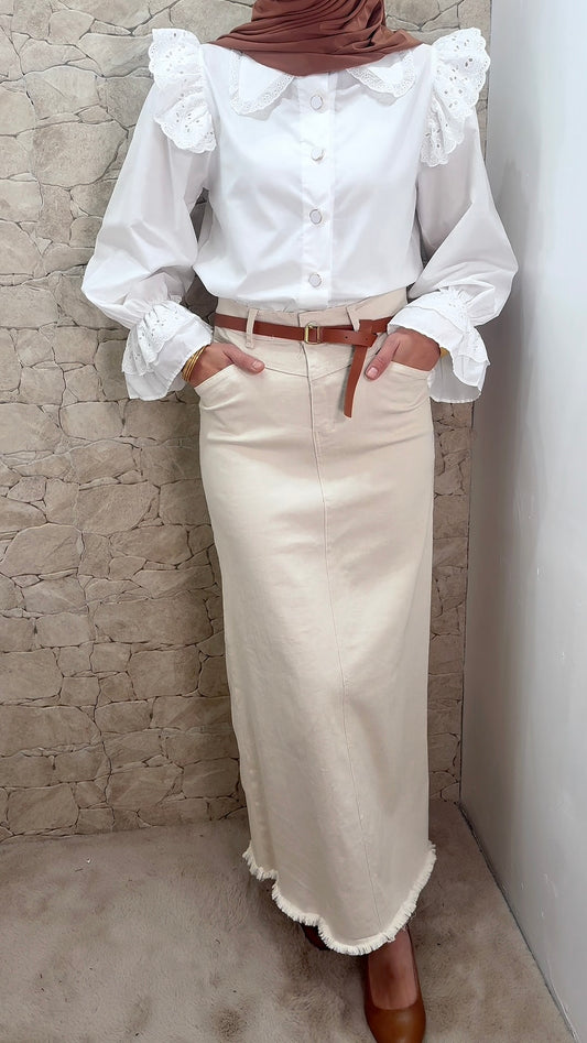 [Premium] Jupe longue droite - denim épais - crème - kaki clair