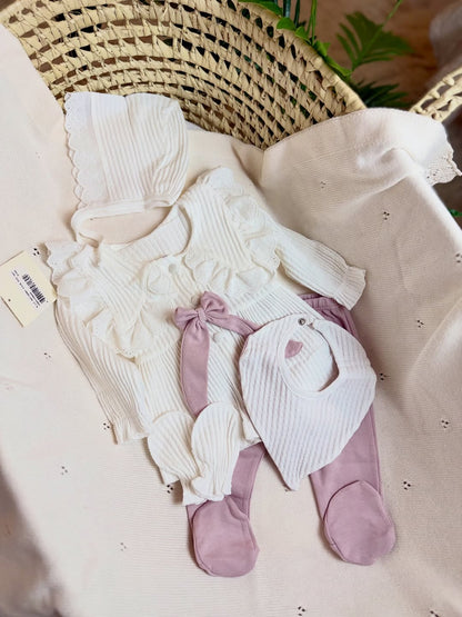[Gamme Premium] Ensemble bébé fille 5 pièces – Blanc et lilas coton bio (0-3 mois)