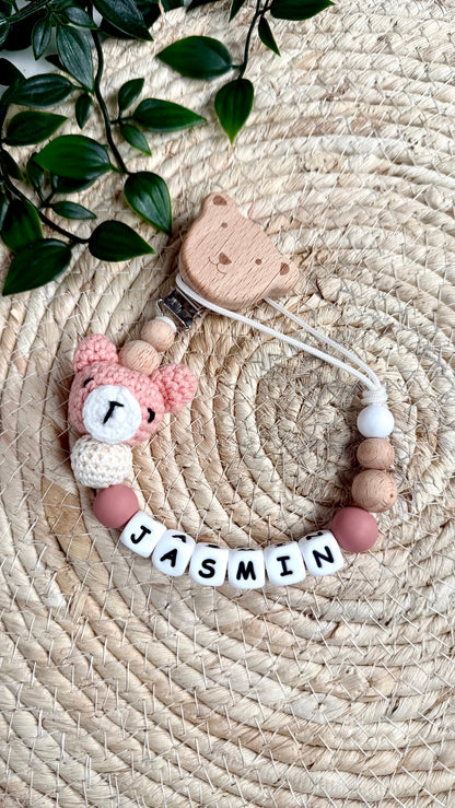 Attache-tétine personnalisée en bois & silicone – Clip ourson