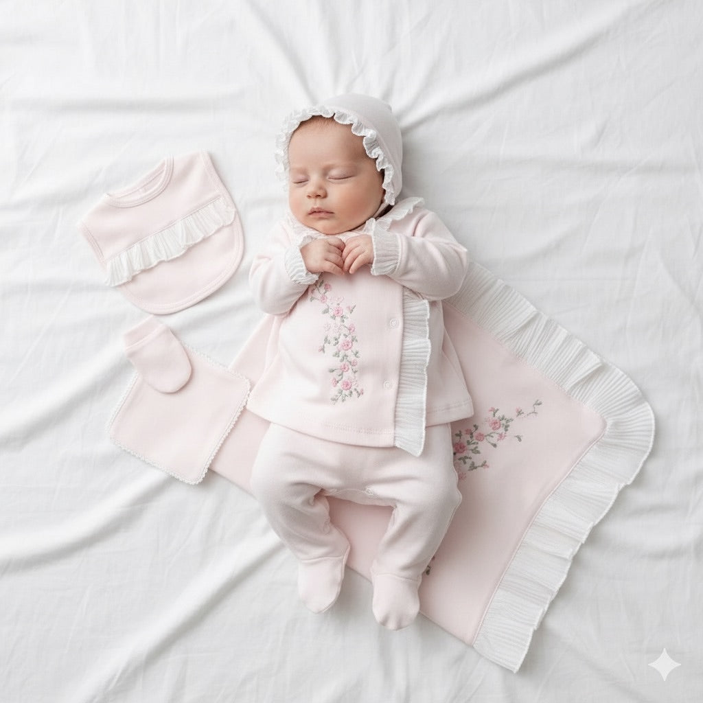 [Premium Range] 5-piece baby girl set – Pearl pink, organic cotton (0-3 months) or (3-6 months)