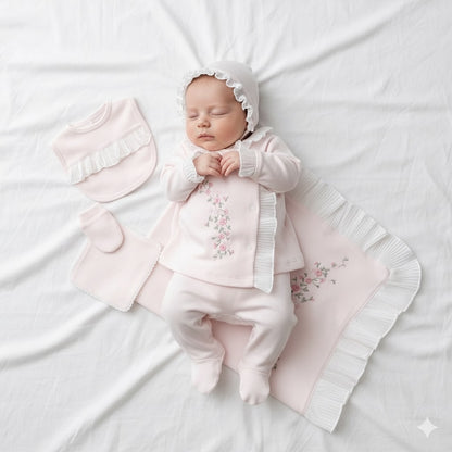 [Premium Range] 5-piece baby girl set – Pearl pink, organic cotton (0-3 months) or (3-6 months)