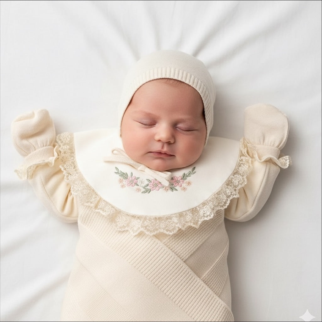 [Gamme Premium] Ensemble naissance bébé fille 5 pièces – Coton bio, tricot et velours beige (0-3 mois)- crème ou rose