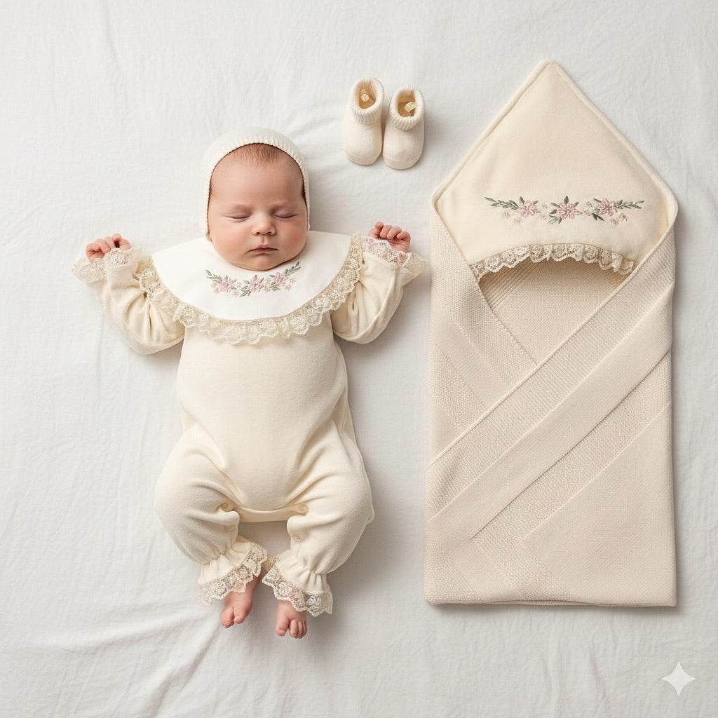 [Gamme Premium] Ensemble naissance bébé fille 5 pièces – Coton bio, tricot et velours beige (0-3 mois)- crème ou rose