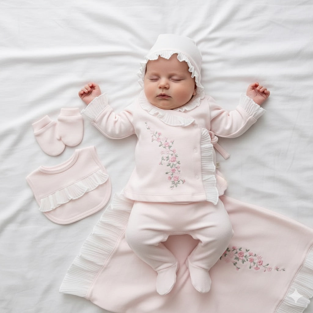 [Premium Range] 5-piece baby girl set – Pearl pink, organic cotton (0-3 months) or (3-6 months)