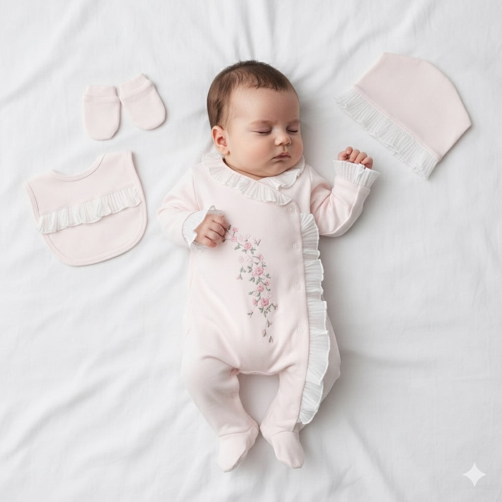 [Gamme Premium] Couverture + Ensemble bébé fille – Rose perle, coton bio (0-3 mois)