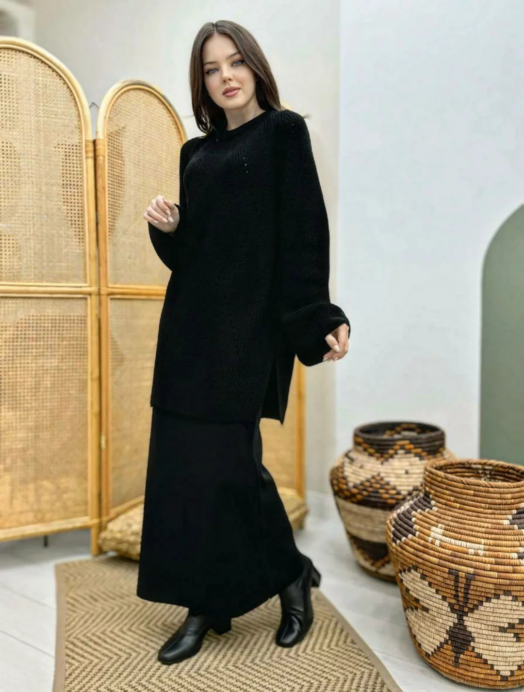 [Premium] Ensemble jupe en maille - gris ou noir