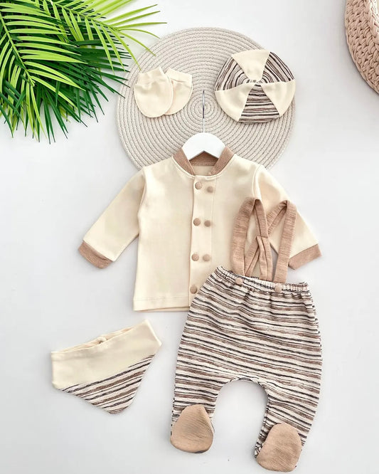 [Premium] Ensemble naissance garçon 100% coton bio couleur crème/bleu – Haut, pantalon, casquette, gants et bavoir – 0-3 mois