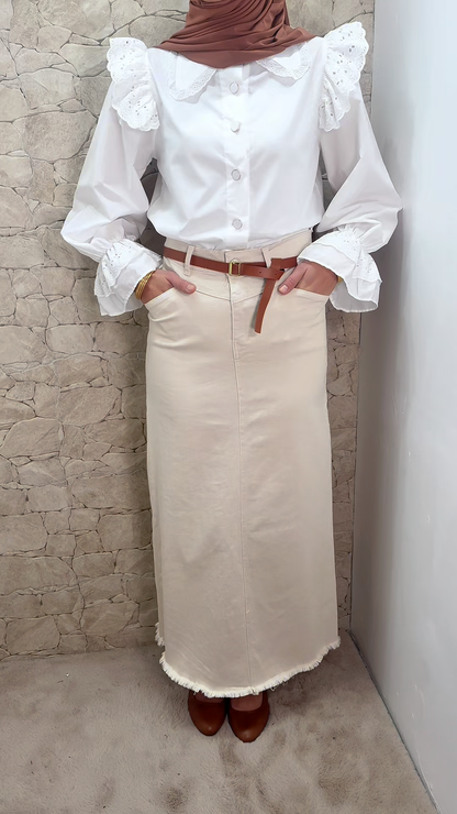 [Premium] Jupe longue droite - denim épais - crème - kaki clair