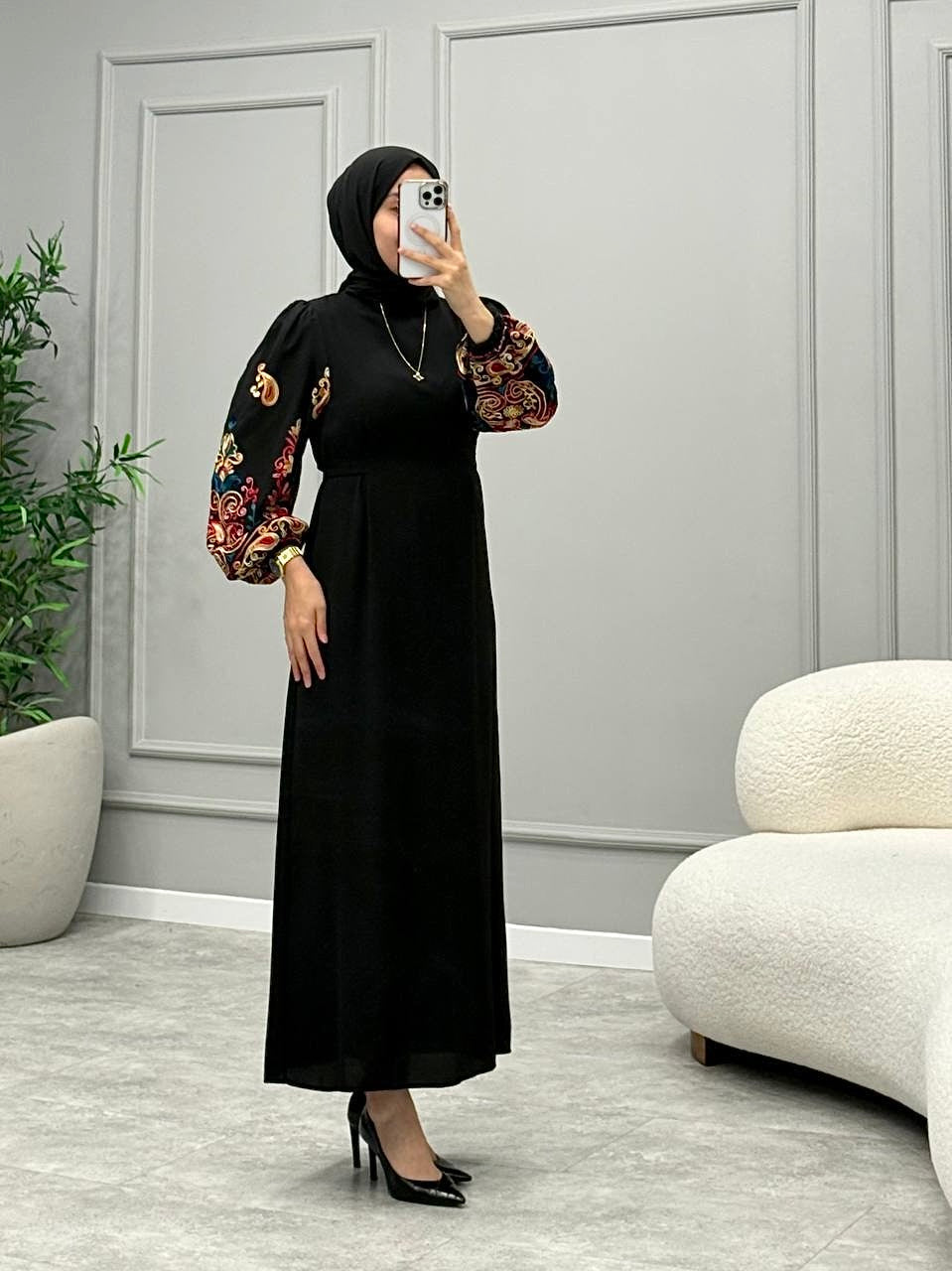 [Premium] Robe manche ballon - broderie - noir pur