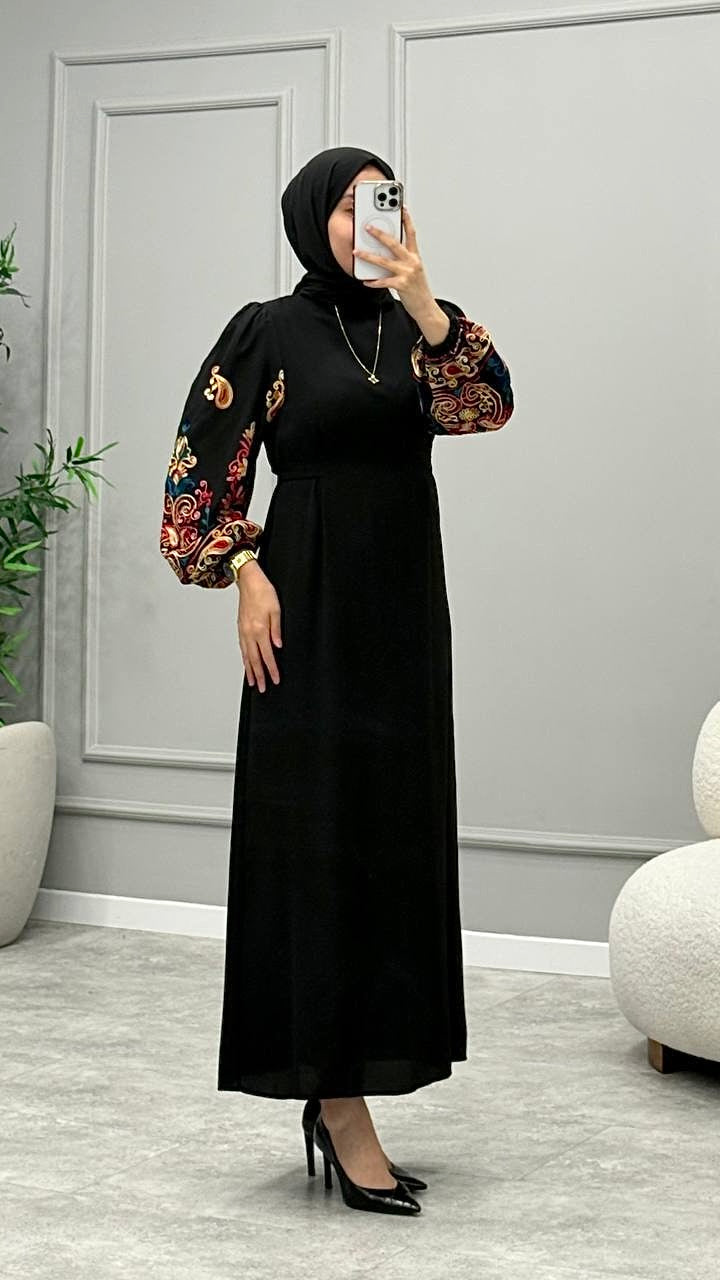[Premium] Robe manche ballon - broderie - noir pur