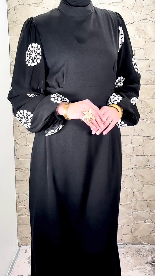 [Premium] robe manche ballon - broderie flocon - noir pur