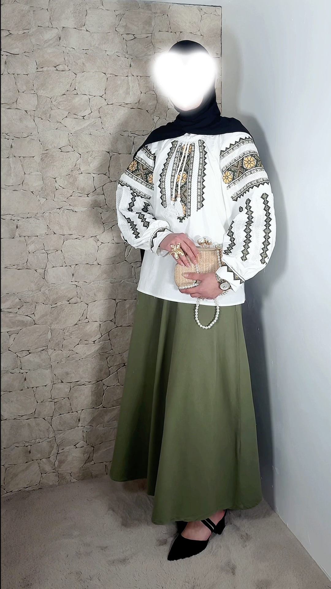 [Premium] Blouse oversize brodée - manche ballon - blanc/kaki