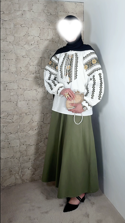 [Premium] Blouse oversize brodée - manche ballon - blanc/kaki