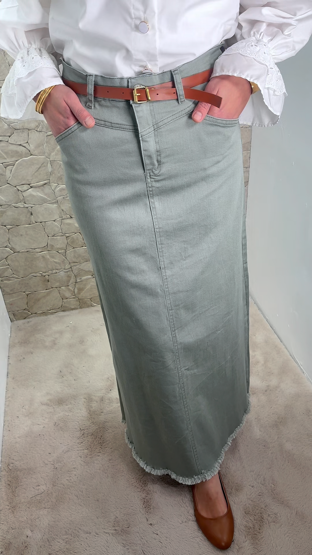 [Premium] Jupe longue droite - denim épais - crème - kaki clair