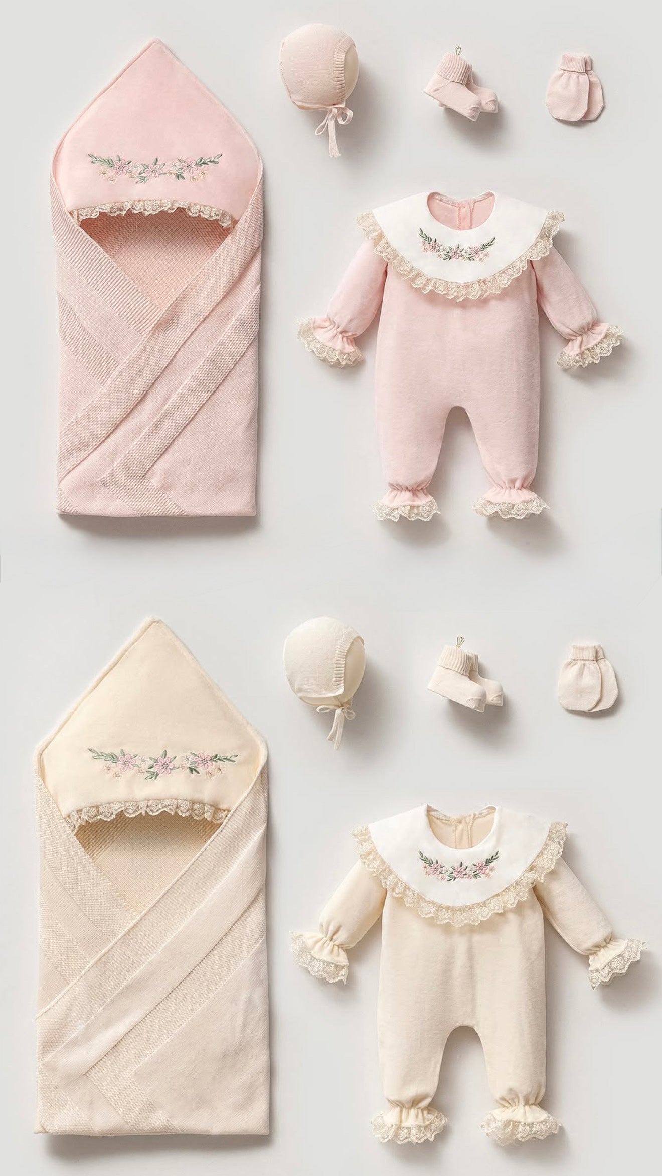 [Gamme Premium] Ensemble naissance bébé fille 5 pièces – Coton bio, tricot et velours beige (0-3 mois)- crème ou rose