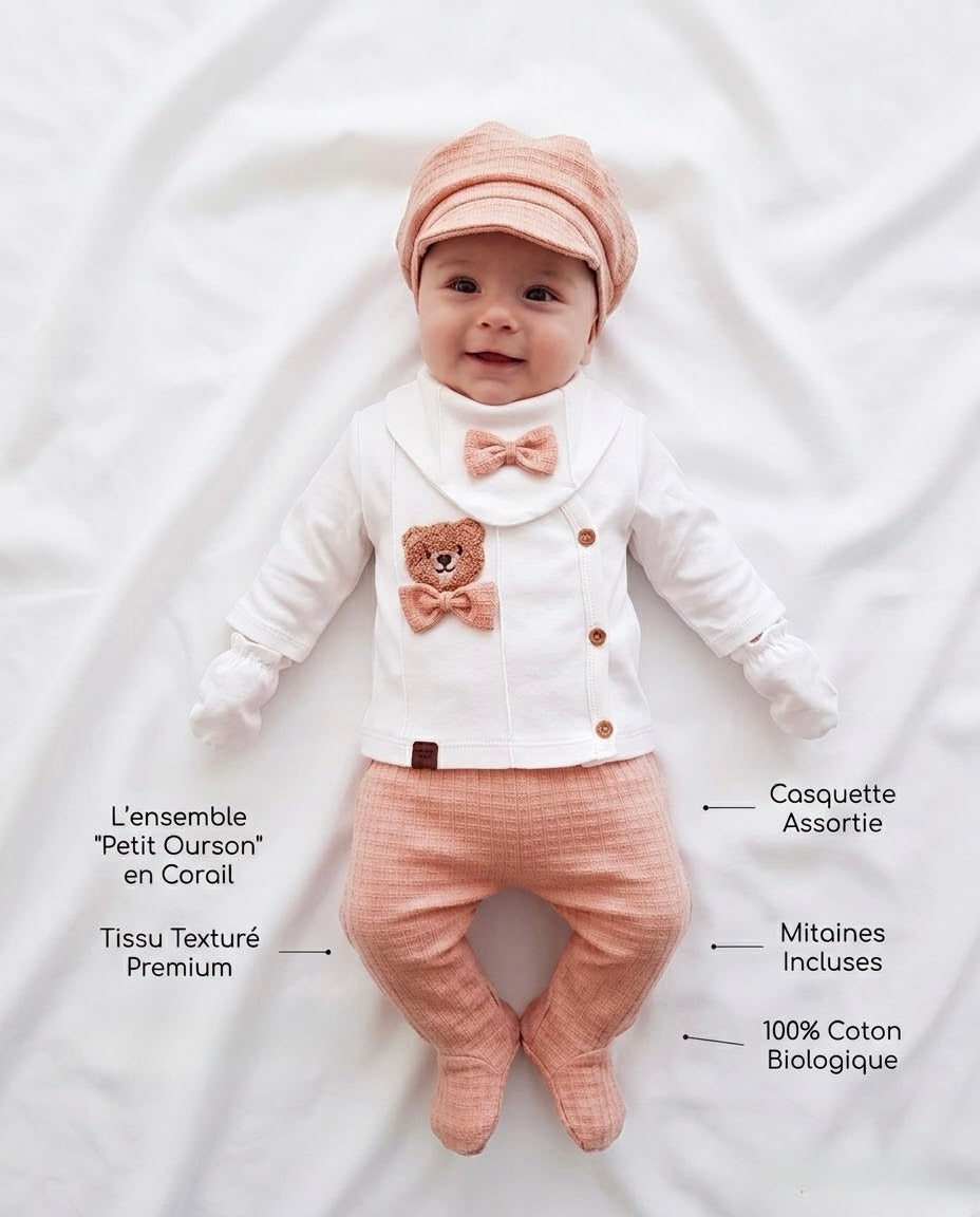 [Premium] Ensemble naissance garçon 100% coton bio, couleur pêche – Haut, pantalon, casquette, gants et bavoir – 0-3 mois