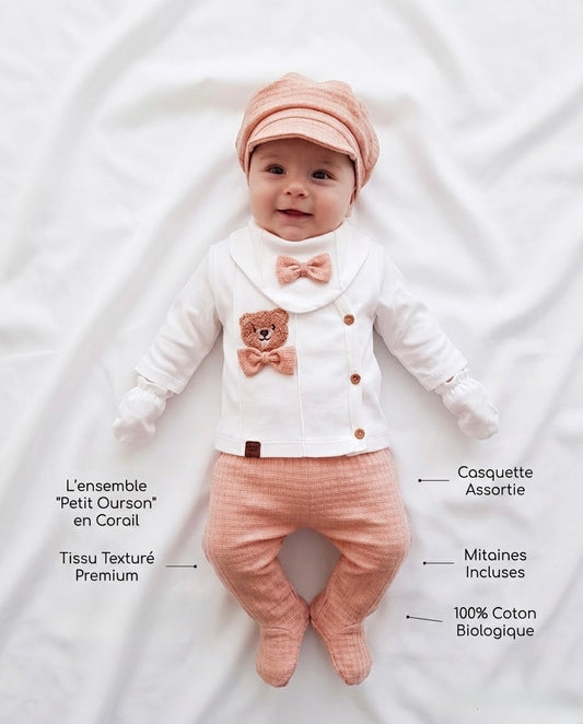 [Premium] Ensemble naissance garçon 100% coton bio, couleur pêche – Haut, pantalon, casquette, gants et bavoir – 0-3 mois