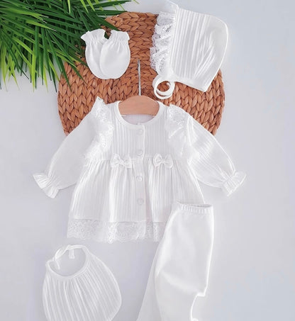[Gamme Premium] Ensemble bébé fille 5 pièces – Blanc coton bio (0-3 mois)