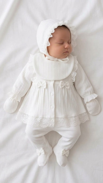 [Gamme Premium] Ensemble bébé fille 5 pièces – Blanc coton bio (0-3 mois)