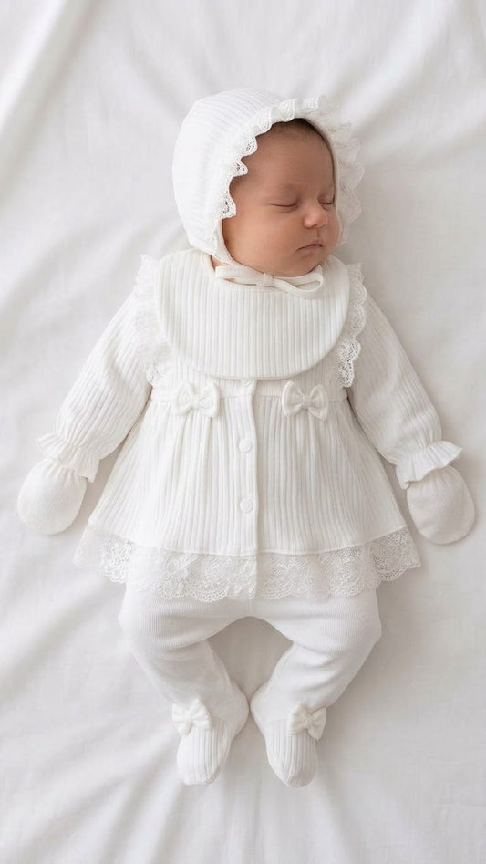 [Gamme Premium] Ensemble bébé fille 5 pièces – Blanc coton bio (0-3 mois)