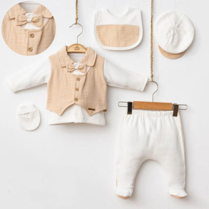 [Premium] Ensemble naissance garçon 100% coton bio couleur beige – Haut, pantalon, casquette, gants et bavoir – 0-3 mois