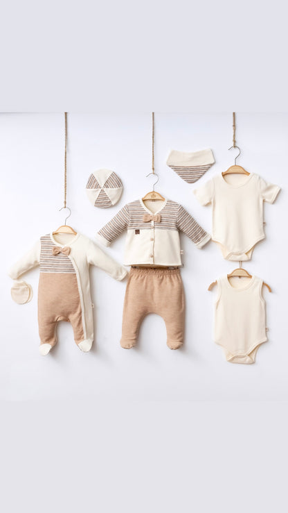 [Premium] Ensemble naissance garçon 100% coton bio beige - 8 pièces – 0-3 mois