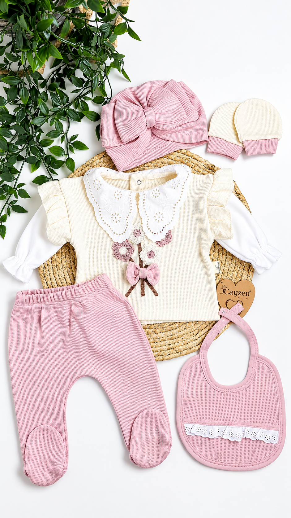 5-teiliges Neugeborenen-Mädchen-Set – Premium-Bio-Baumwolle, Rosa &amp; Creme – 0 bis 3 Monate