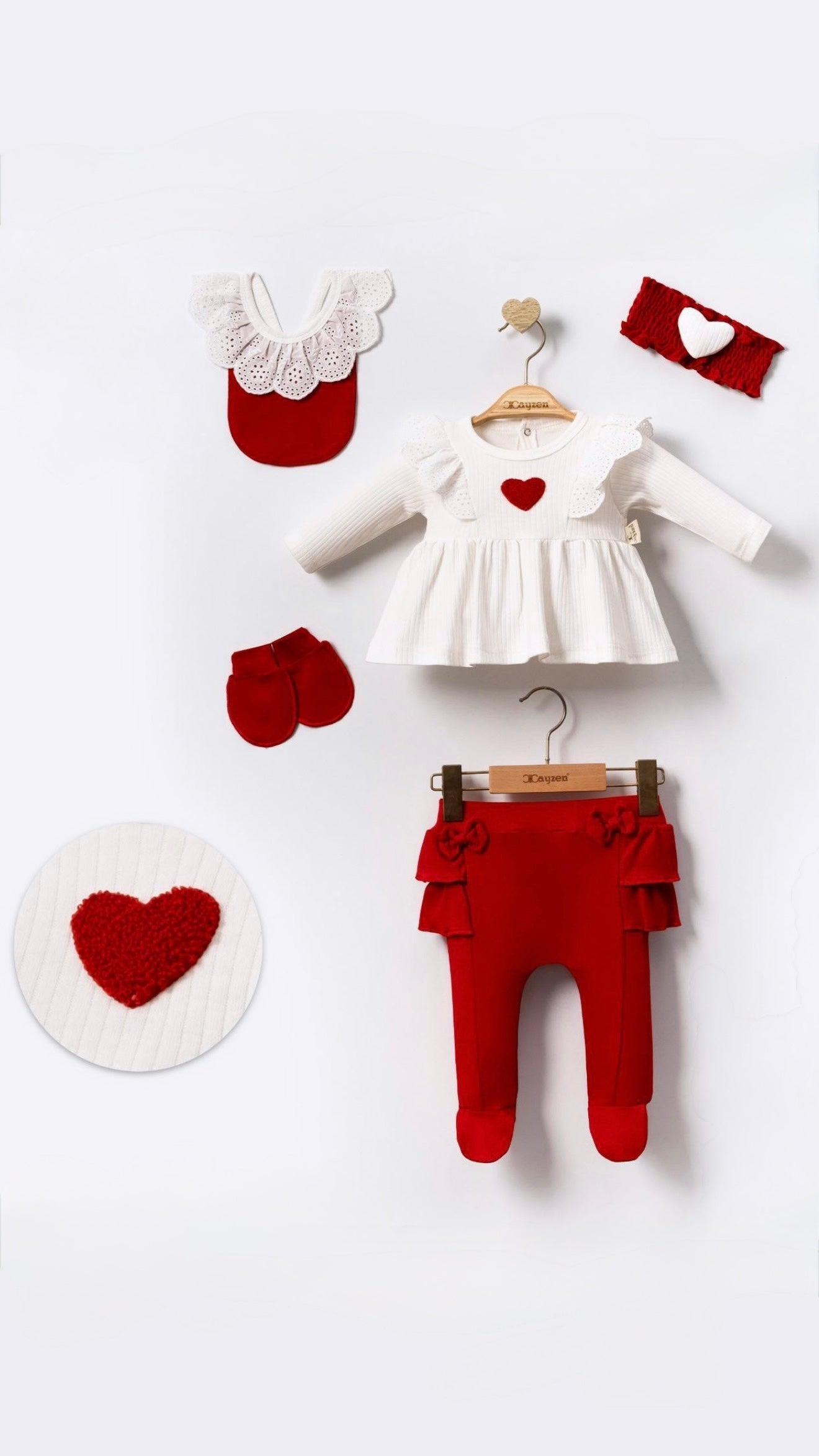 [Gamme Premium] Ensemble bébé fille 5 pièces – Blanc et rouge coton bio (0-3 mois)