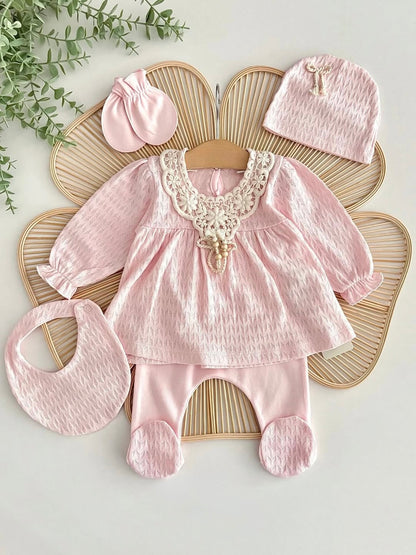 [Gamme Premium] Ensemble bébé fille 5 pièces – Blanc ou rose (0-3 mois)- coton bio