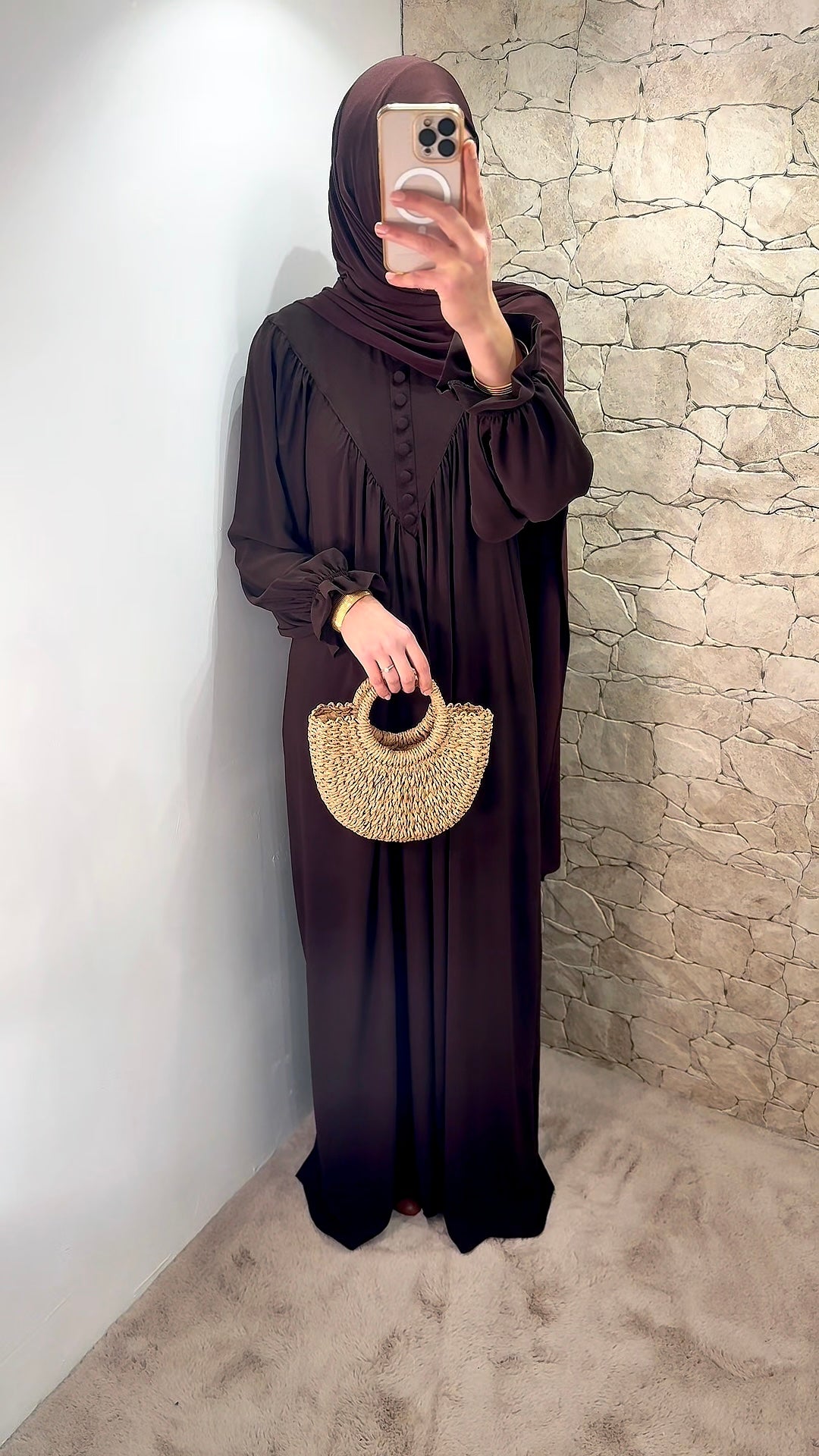 [Premium] Abaya manche fleur - chocolat