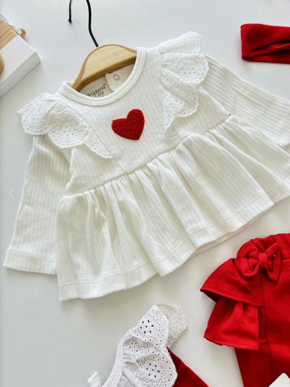 [Gamme Premium] Ensemble bébé fille 5 pièces – Blanc et rouge coton bio (0-3 mois)