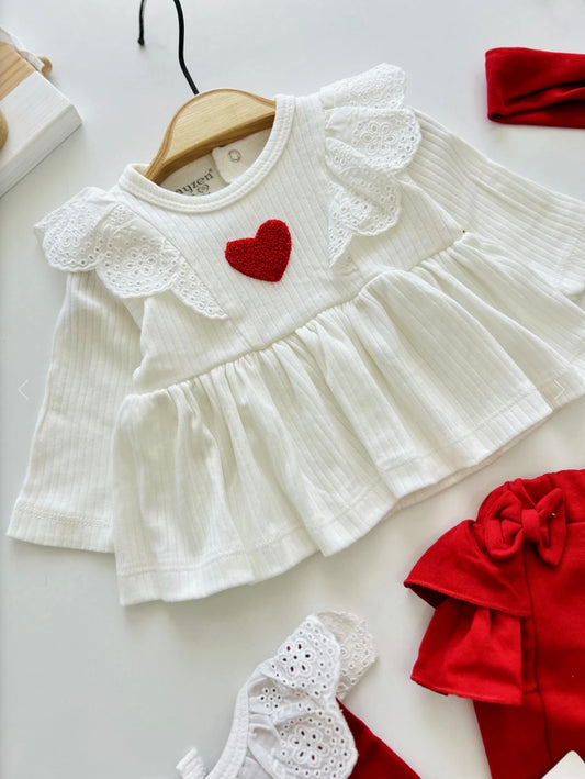 [Gamme Premium] Ensemble bébé fille 5 pièces – Blanc et rouge coton bio (0-3 mois)